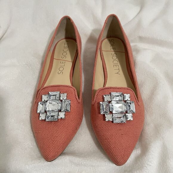Sole Society Shoes Size 10 Orange Coral Canvas So-Libry Flats Rhinestone Pointed - Picture 3 of 9